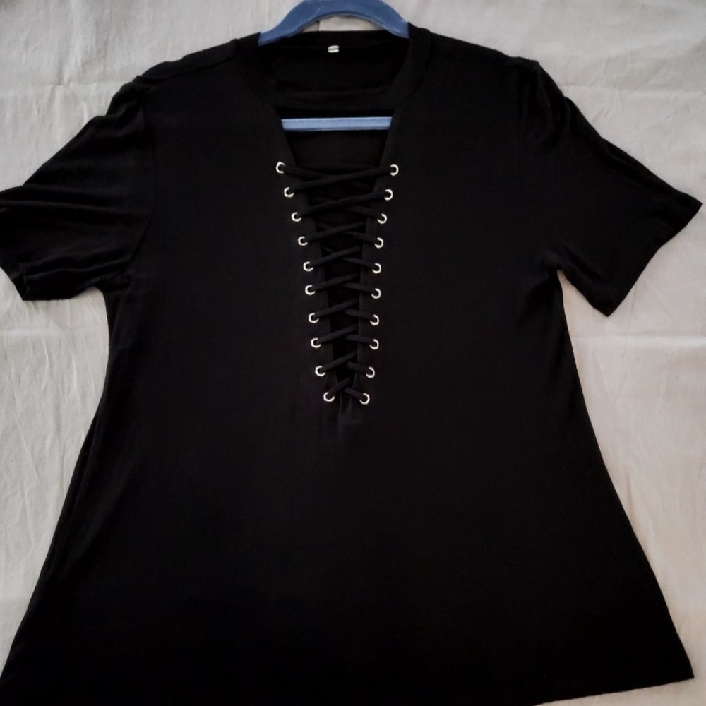 Black Lace Up Ladies Top SZ Large